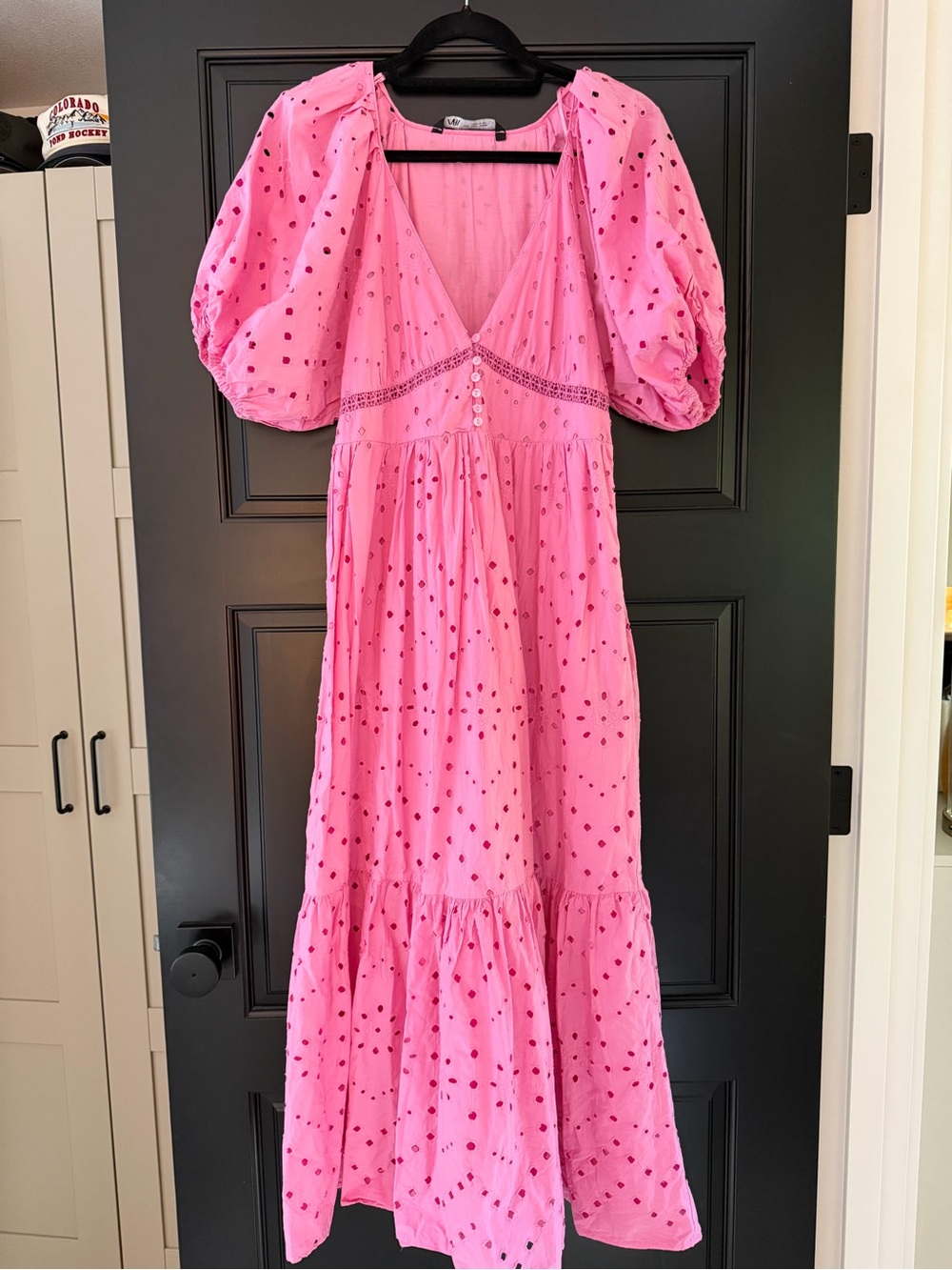 Zara Pink Puff-Sleeve Maxi Dress with Dot Detail